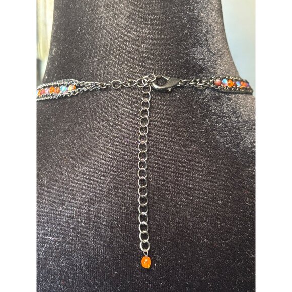 Colorful Beaded Fringe Necklace With Multicolor Glass Tube Beads & Festive Chain - Picture 5 of 9